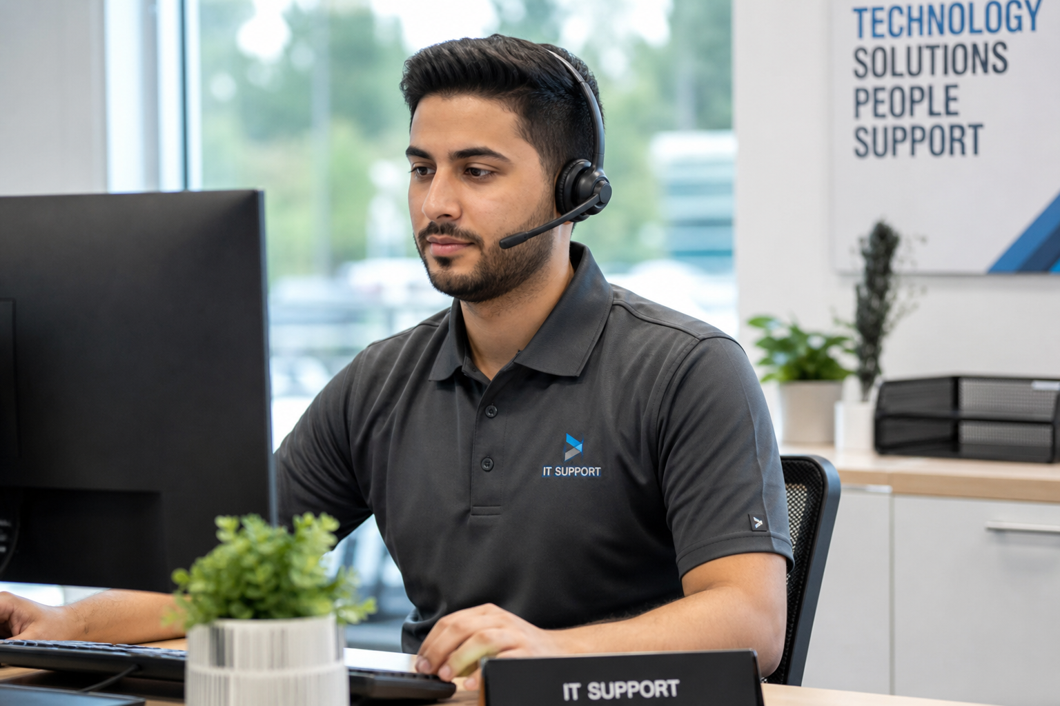 Help desk support agent at workstation
