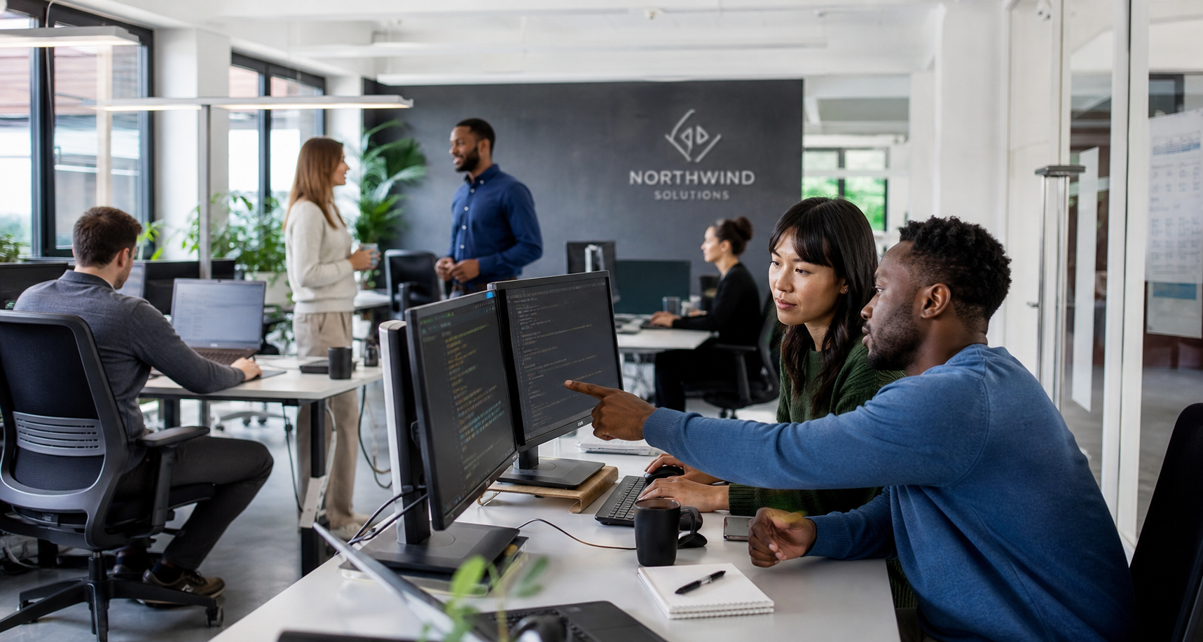 Small business team working at computers in a modern office