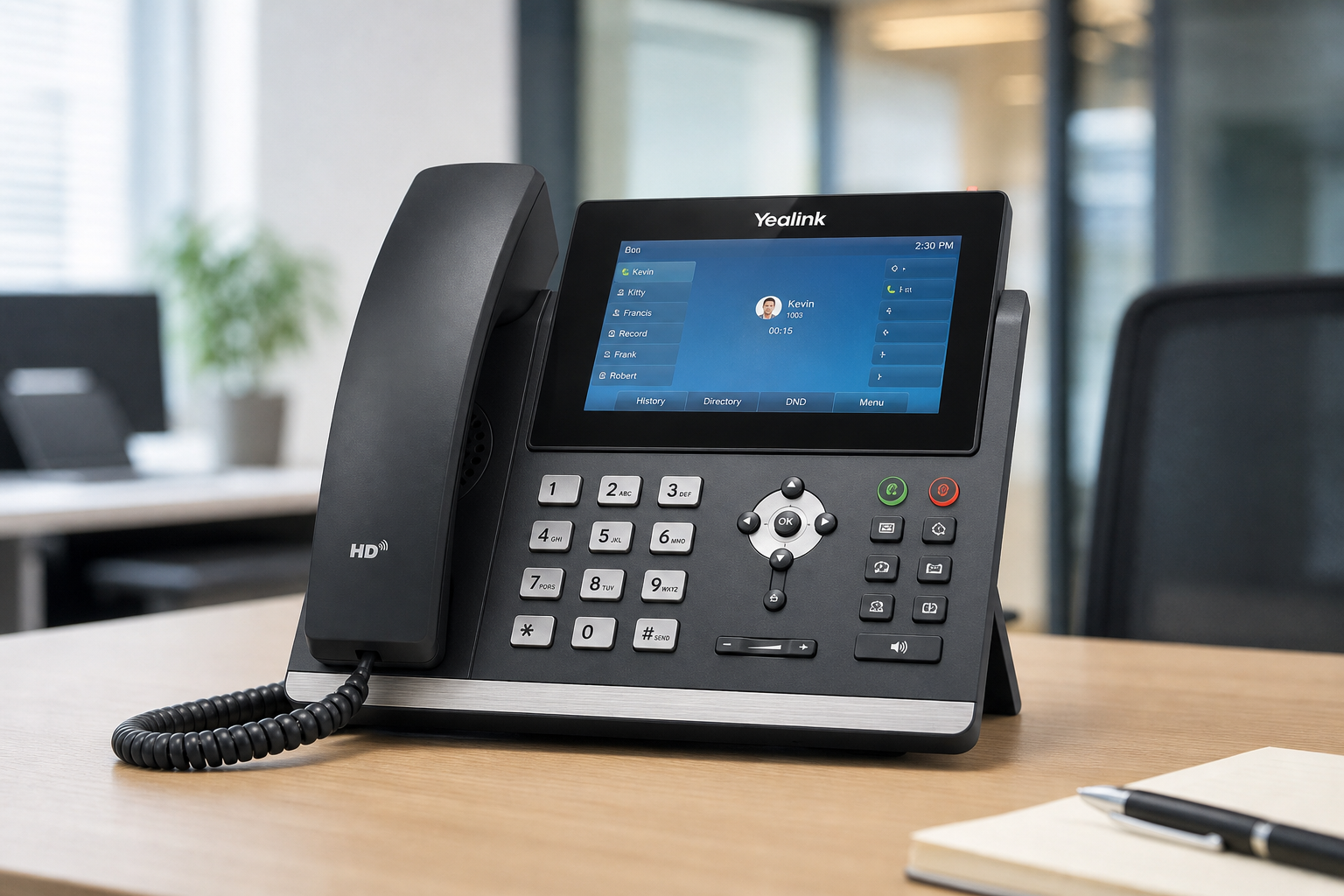 Business VoIP phone on office desk